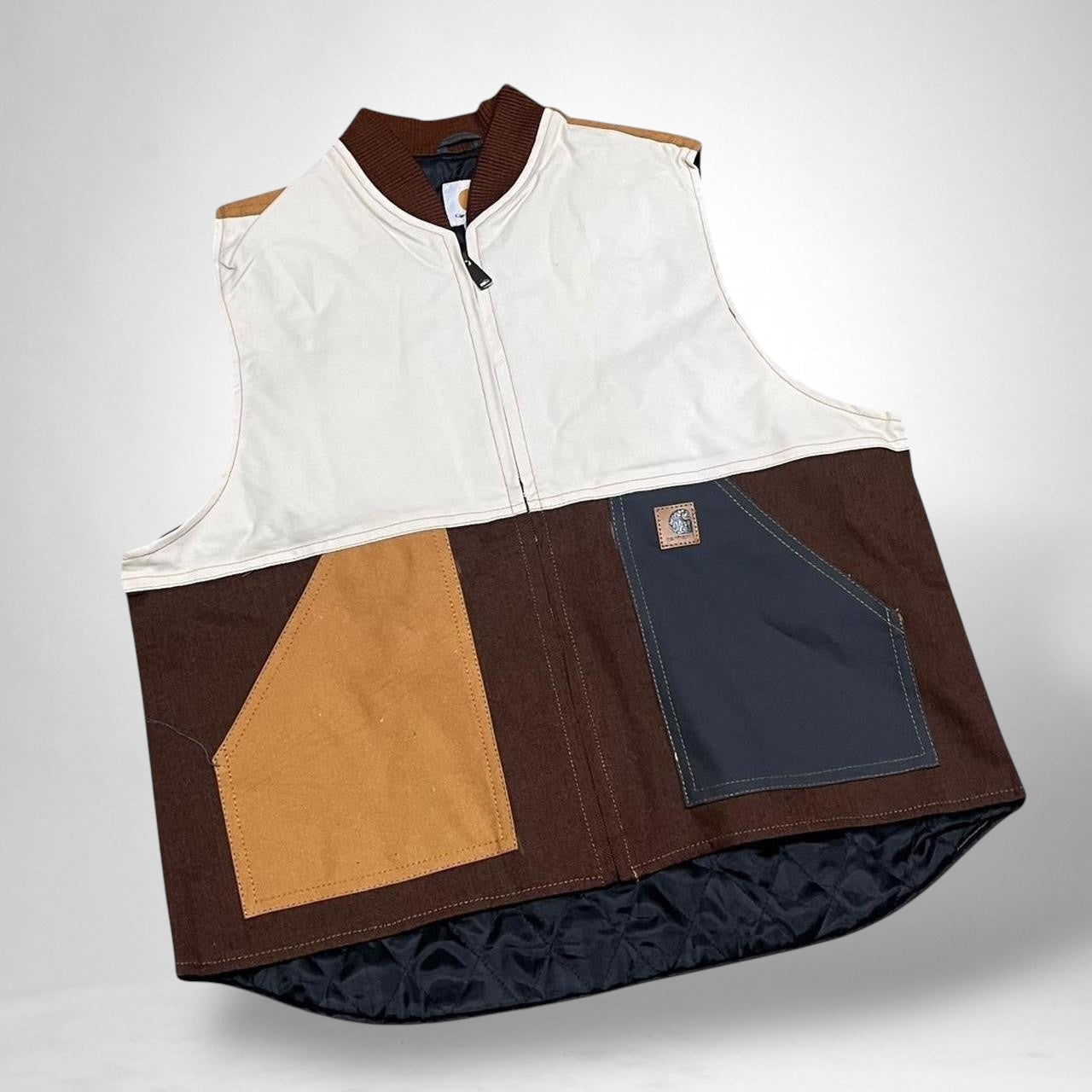 Reworked Carhartt Vest Jacket – Brown, White & Grey Patchwork - South Street Retro Ltd