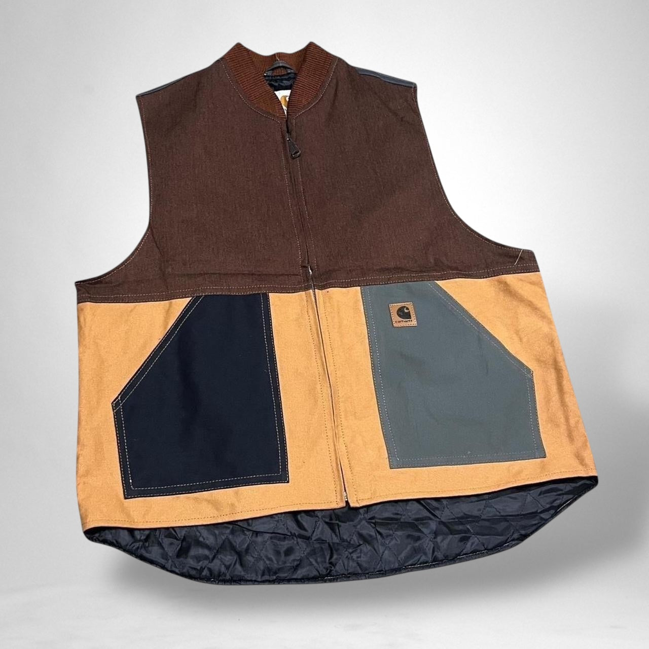 Reworked Carhartt Vest Jacket – Vintage Brown & Grey Patchwork Utility Streetwear - South Street Retro Ltd