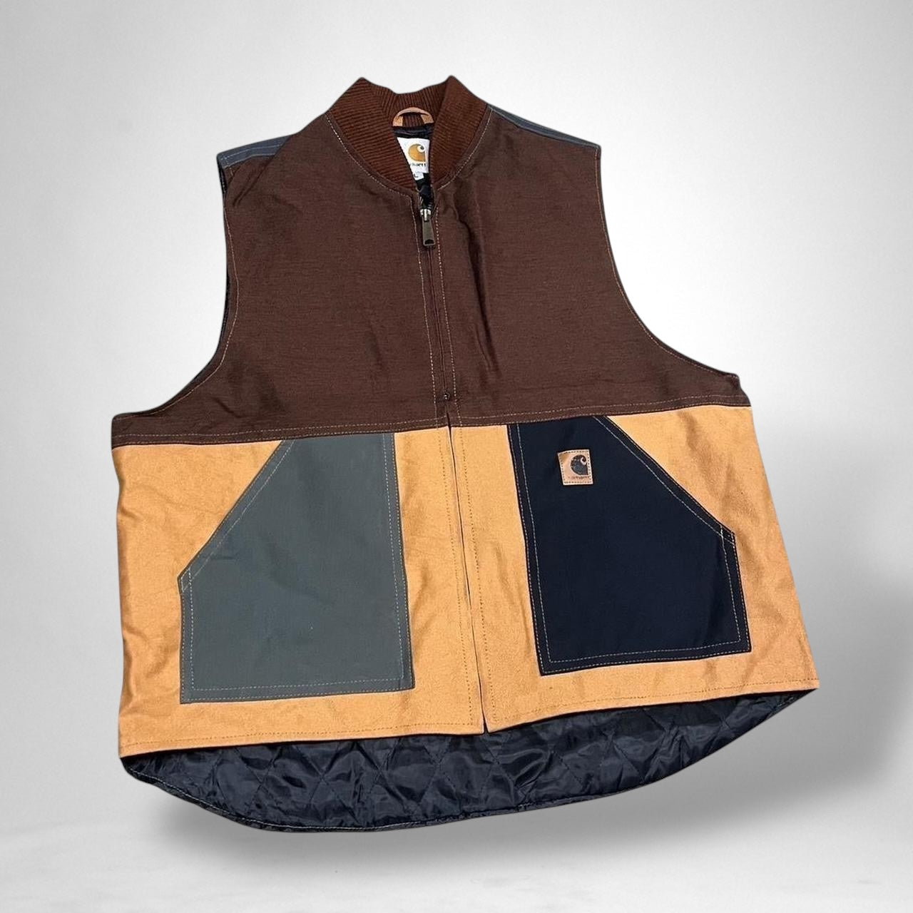 Reworked Carhartt Vest Jacket – Vintage Brown & Grey Patchwork Utility Streetwear - South Street Retro Ltd