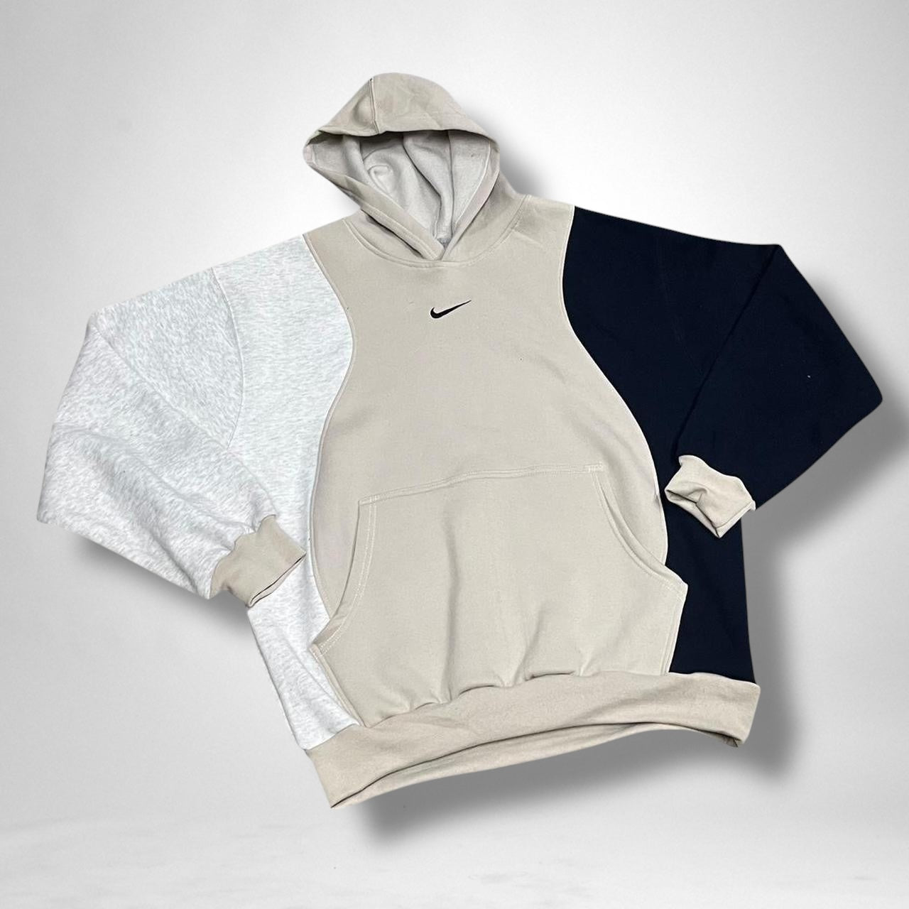 Reworked Nike Hoodie Grey Beige Black Colour block Streetwear Vintage Style