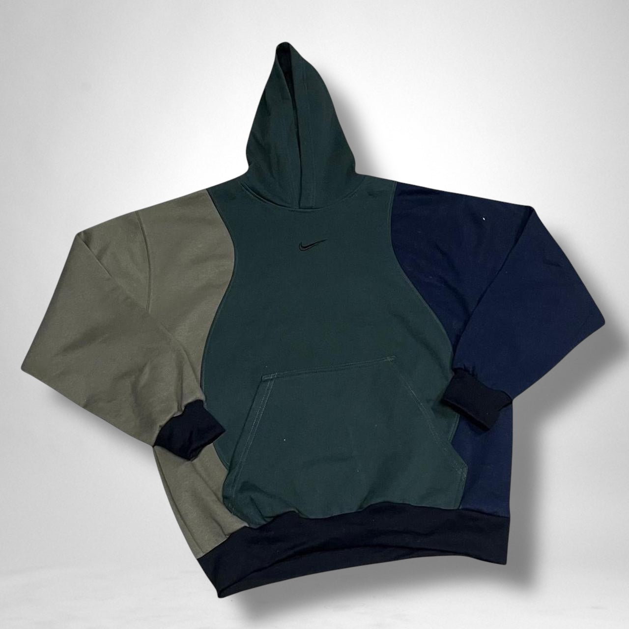 Reworked Nike Hoodie Khaki & Navy Upcycled Streetwear Vintage Style Unisex