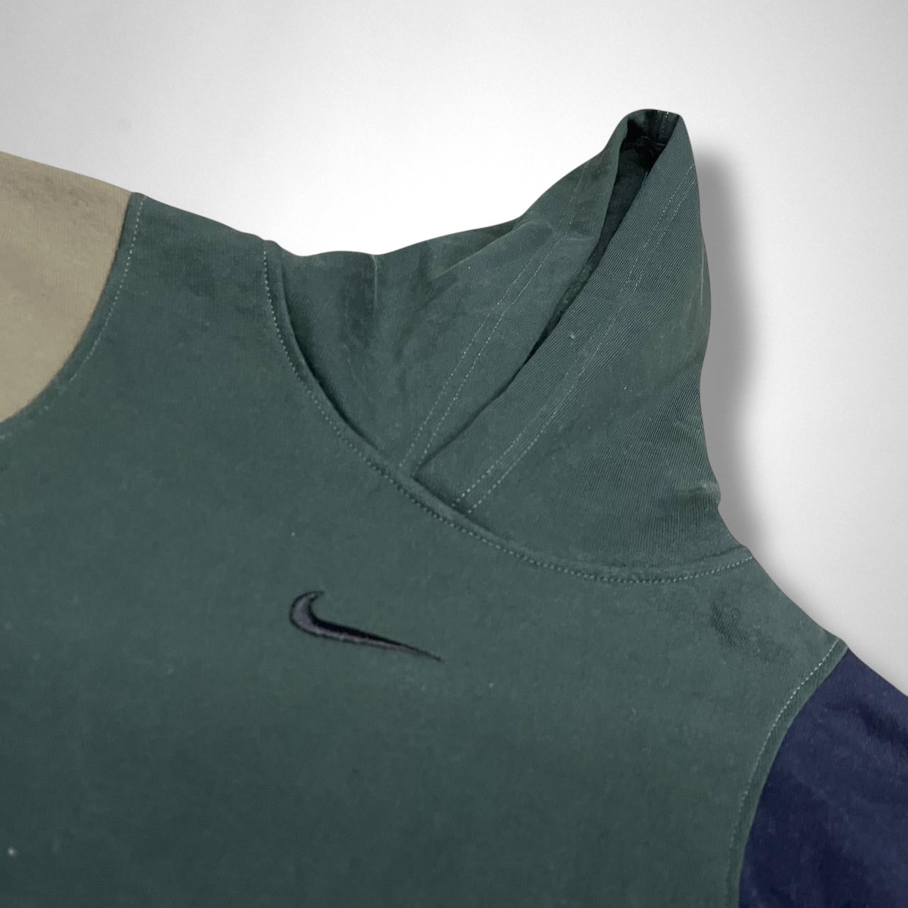 Reworked Nike Hoodie Khaki & Navy Upcycled Streetwear Vintage Style Unisex