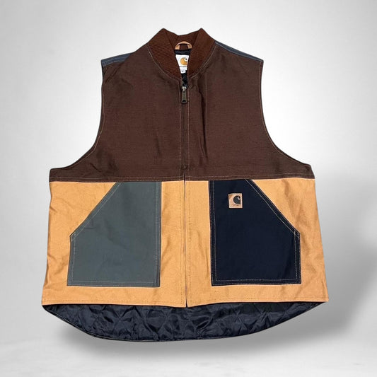 Reworked Carhartt Vest Jacket – Vintage Brown & Grey Patchwork Utility Streetwear - South Street Retro Ltd
