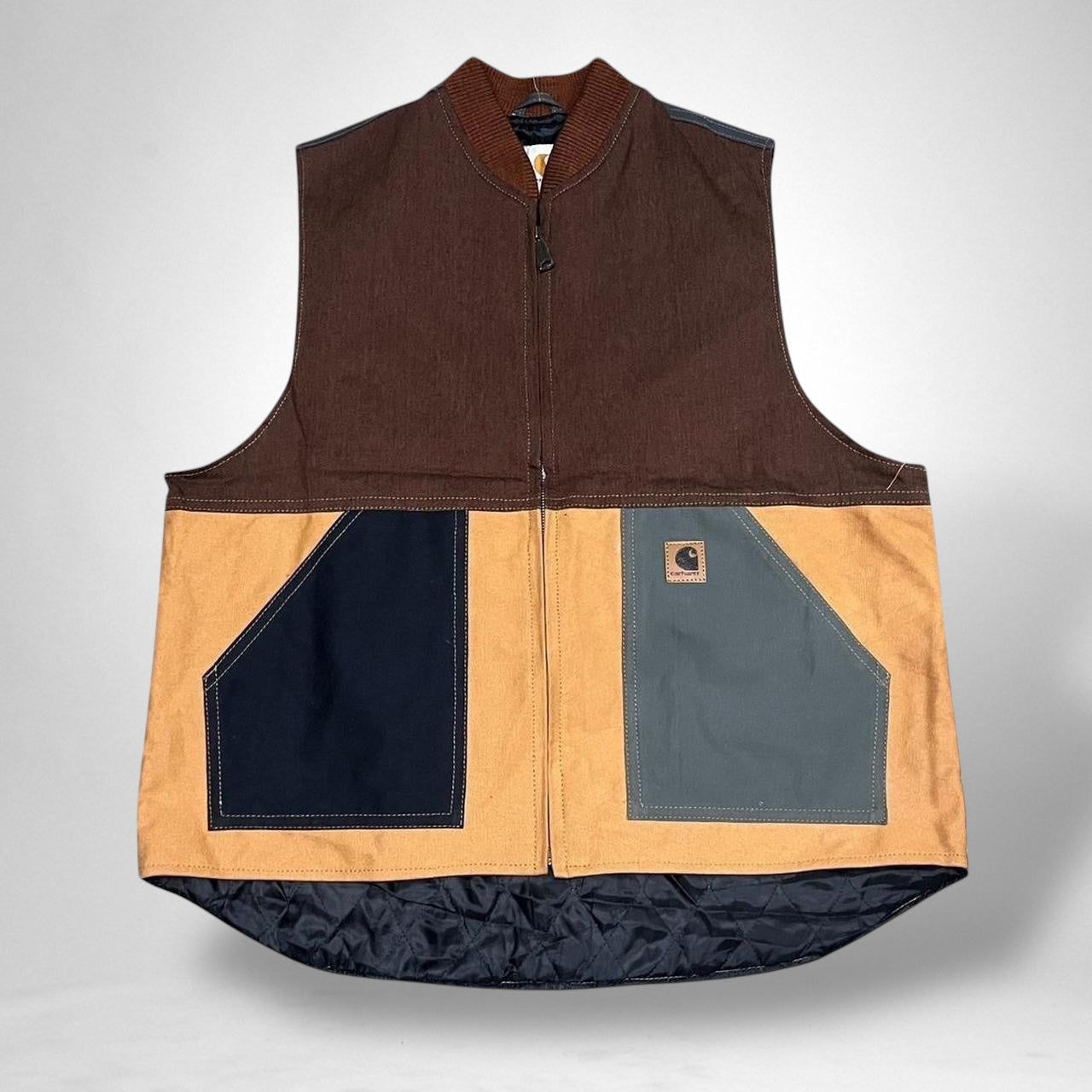 Reworked Carhartt Vest Jacket – Vintage Brown & Grey Patchwork Utility Streetwear - South Street Retro Ltd