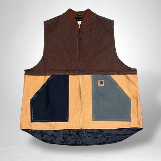 Reworked Carhartt Vest Jacket – Vintage Brown & Grey Patchwork Utility Streetwear - South Street Retro Ltd