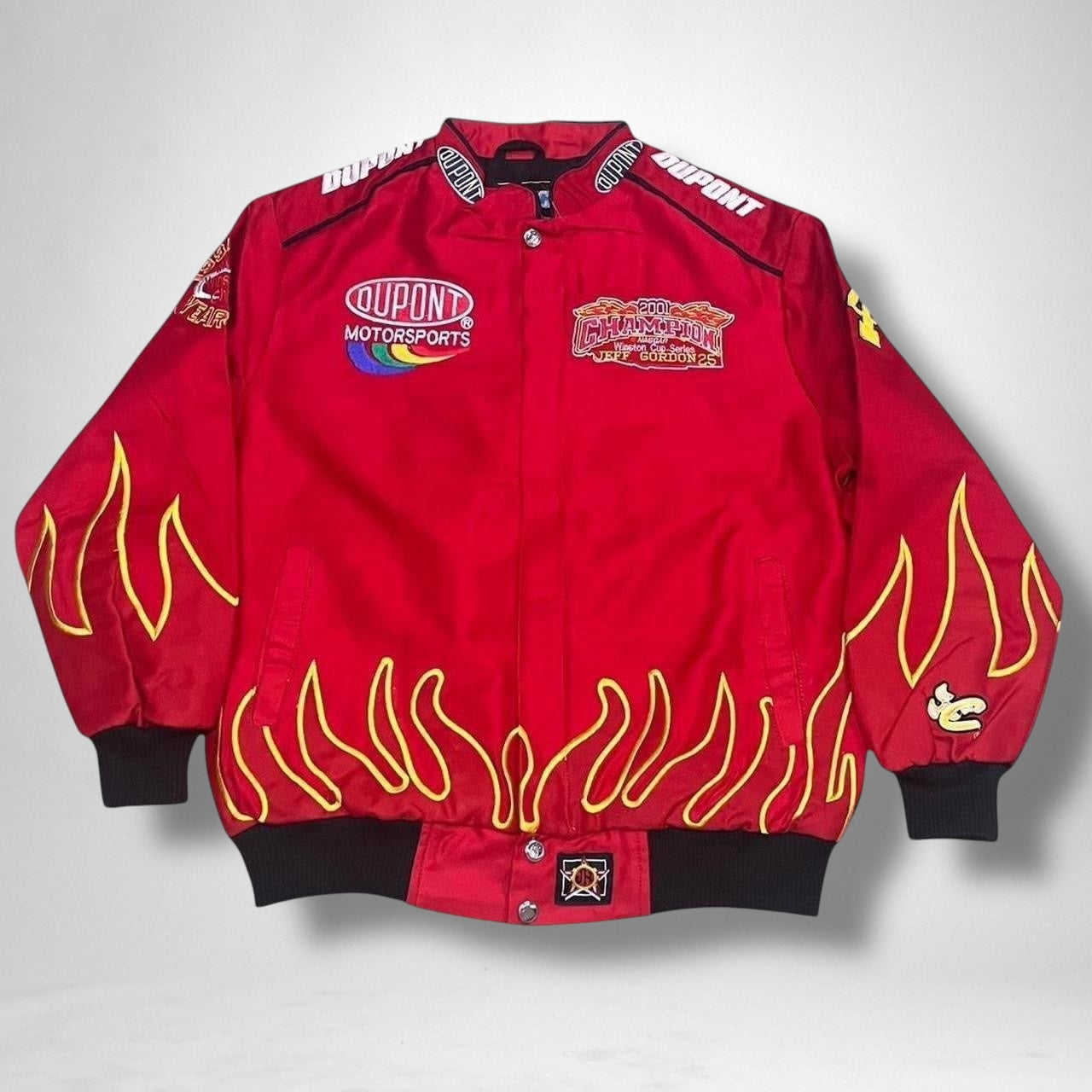Unworn vintage deadstock red racing jacket with retro motorsport design, 90s streetwear style