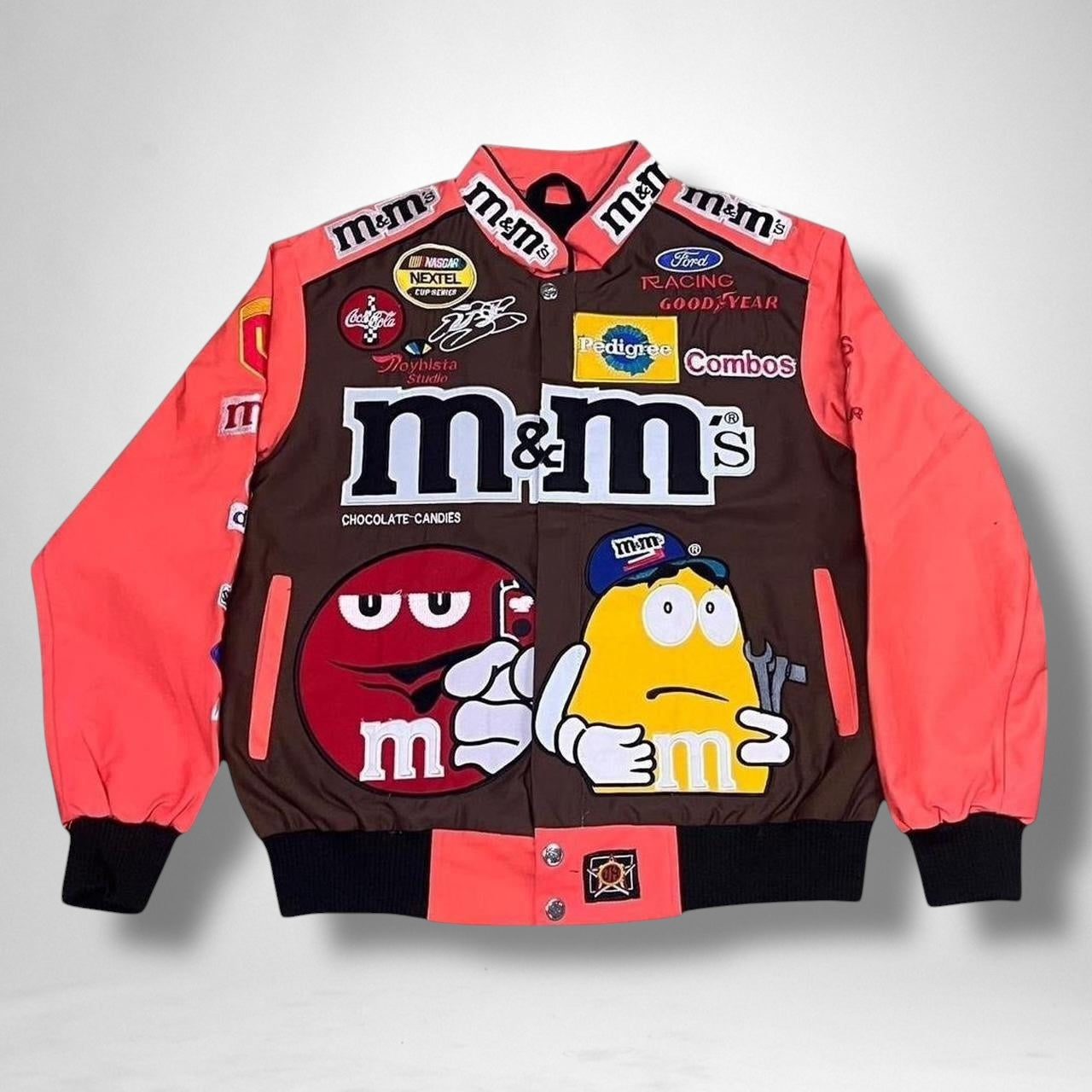 Deadstock vintage M&M racing jacket in brown and pink with NASCAR-inspired design, Y2K streetwear style