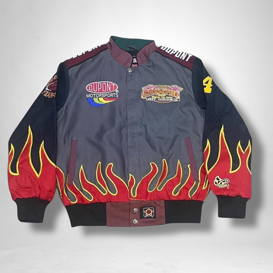 Deadstock vintage racing jacket in grey, black, and red with retro moto streetwear style