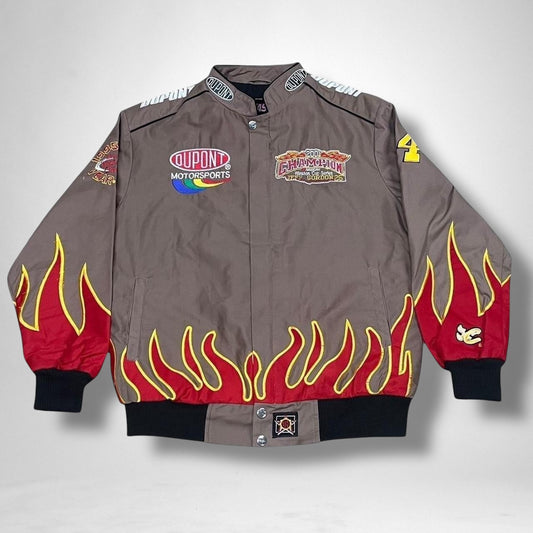 Deadstock vintage racing jacket in grey and red with retro streetwear and moto style