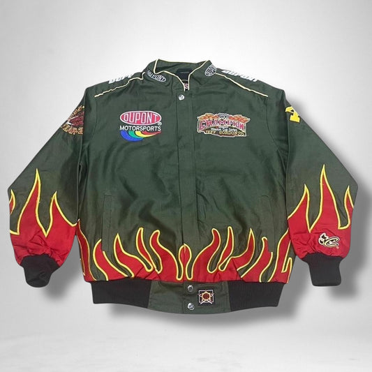 Vintage deadstock racing jacket in khaki green with bold paneling and retro motorsport detailing, laid flat for display.