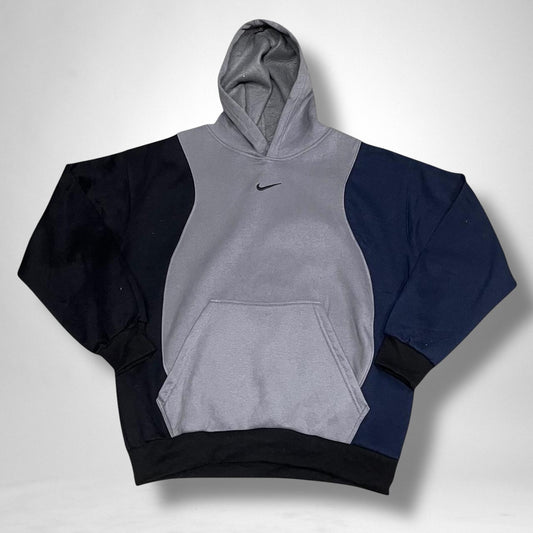 Reworked Nike hoodie in black, grey, and navy with patchwork design, custom vintage streetwear pullover for men and women