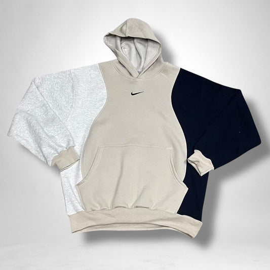 Custom reworked Nike hoodie in grey, beige, and black with colorblock design, streetwear-inspired upcycled fashion