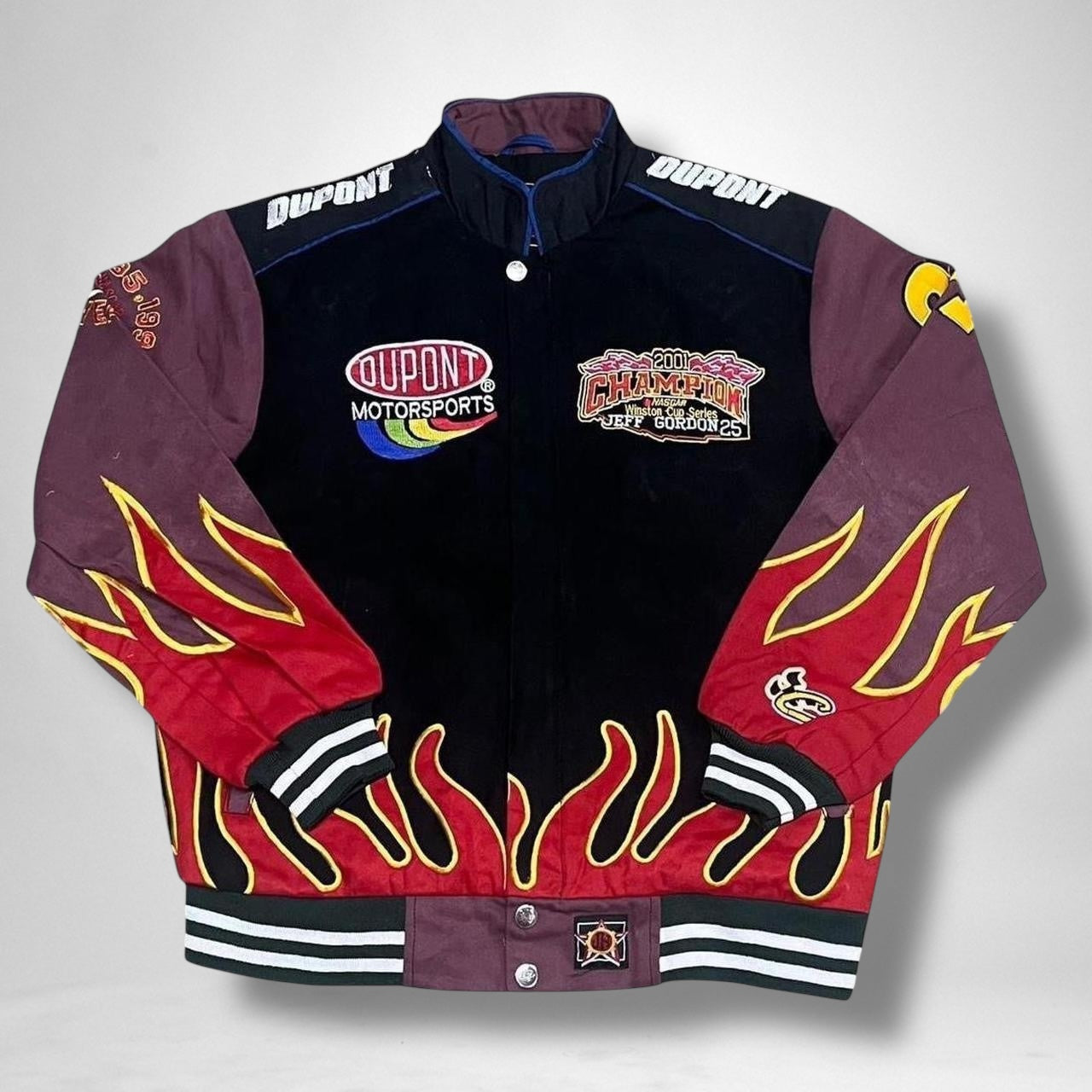 Vintage deadstock black and purple racing jacket from the 90s with retro moto style, unworn streetwear piece