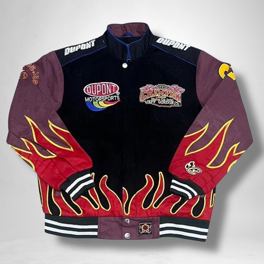 Vintage deadstock black and purple racing jacket from the 90s with retro moto style, unworn streetwear piece
