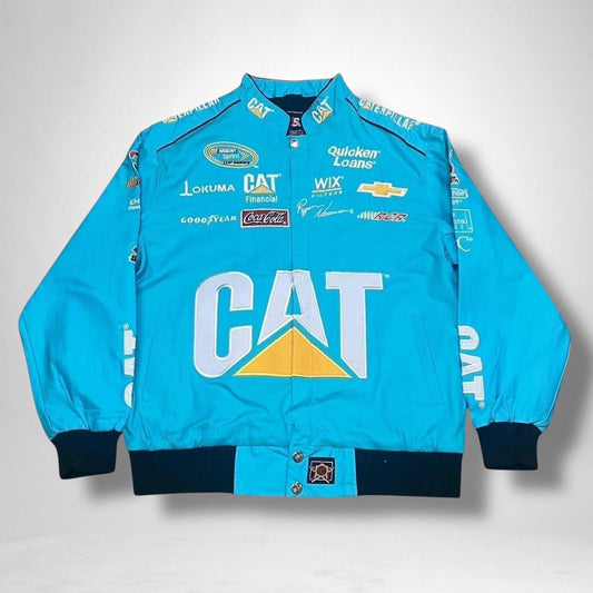 Vintage deadstock light blue racing jacket with retro 90s moto style, unworn streetwear windbreaker