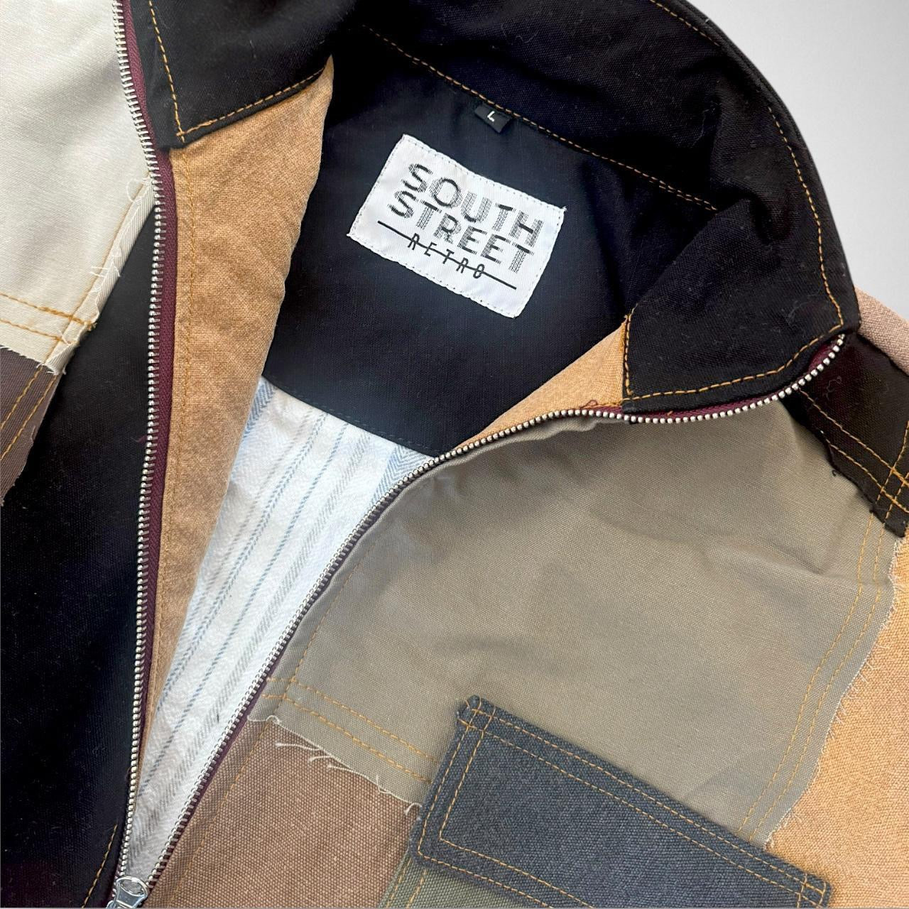 South Street Retro Reworked Patchwork Jacket – Vintage 90s Upcycled Streetwear Fashion