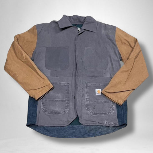Custom reworked Carhartt jacket made from upcycled vintage materials with unique streetwear design.