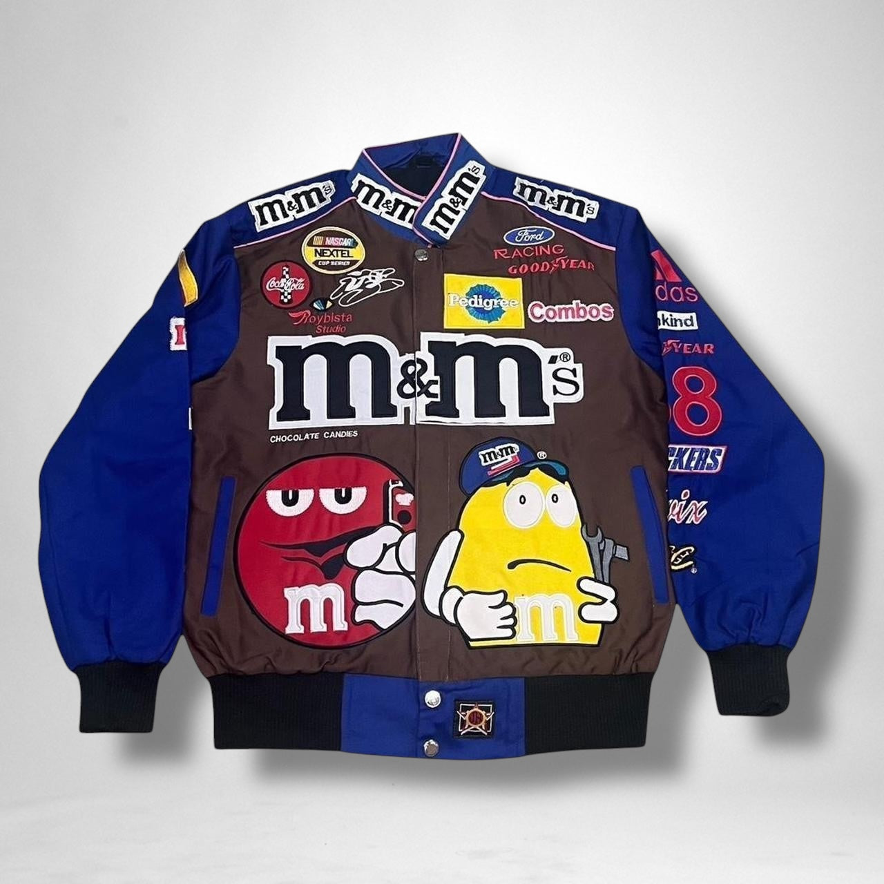 Deadstock vintage M&M racing jacket in brown and blue with NASCAR-inspired design, rare Y2K style in Medium size