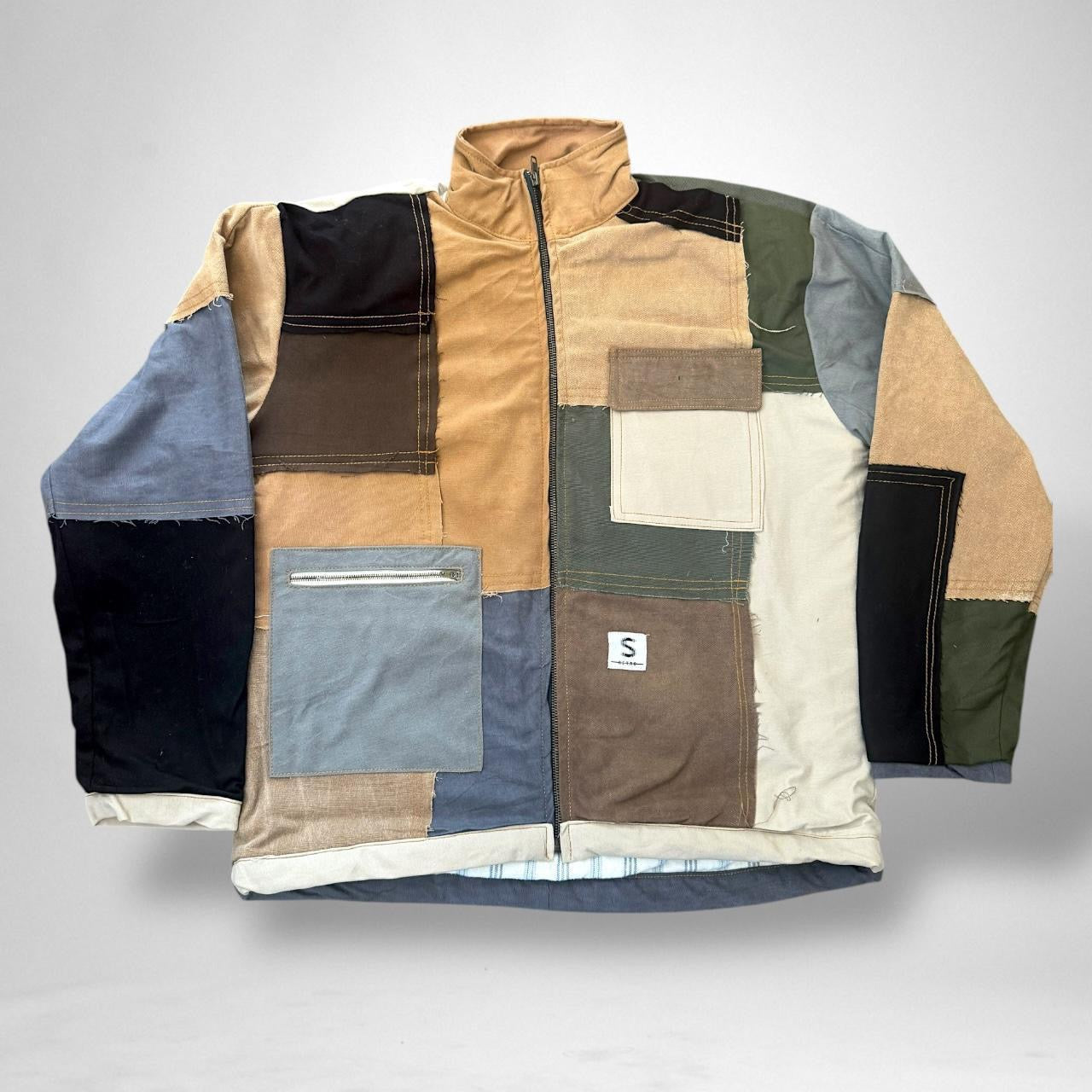 Handcrafted reworked patchwork jacket with South Street Retro 90s streetwear style, made from sustainable upcycled materials