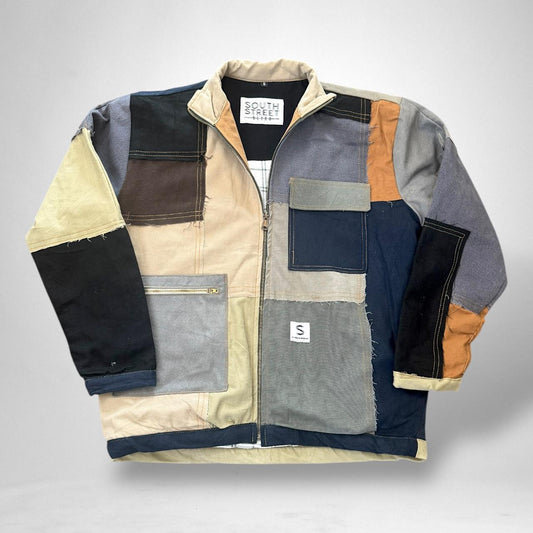 Unique reworked patchwork jacket from South Street Retro featuring 90s-inspired upcycled streetwear design