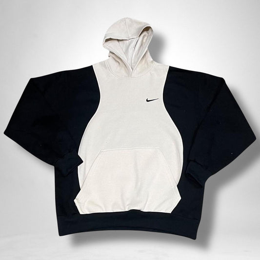 Reworked Nike hoodie in beige and black with patchwork design, vintage streetwear style, unisex.