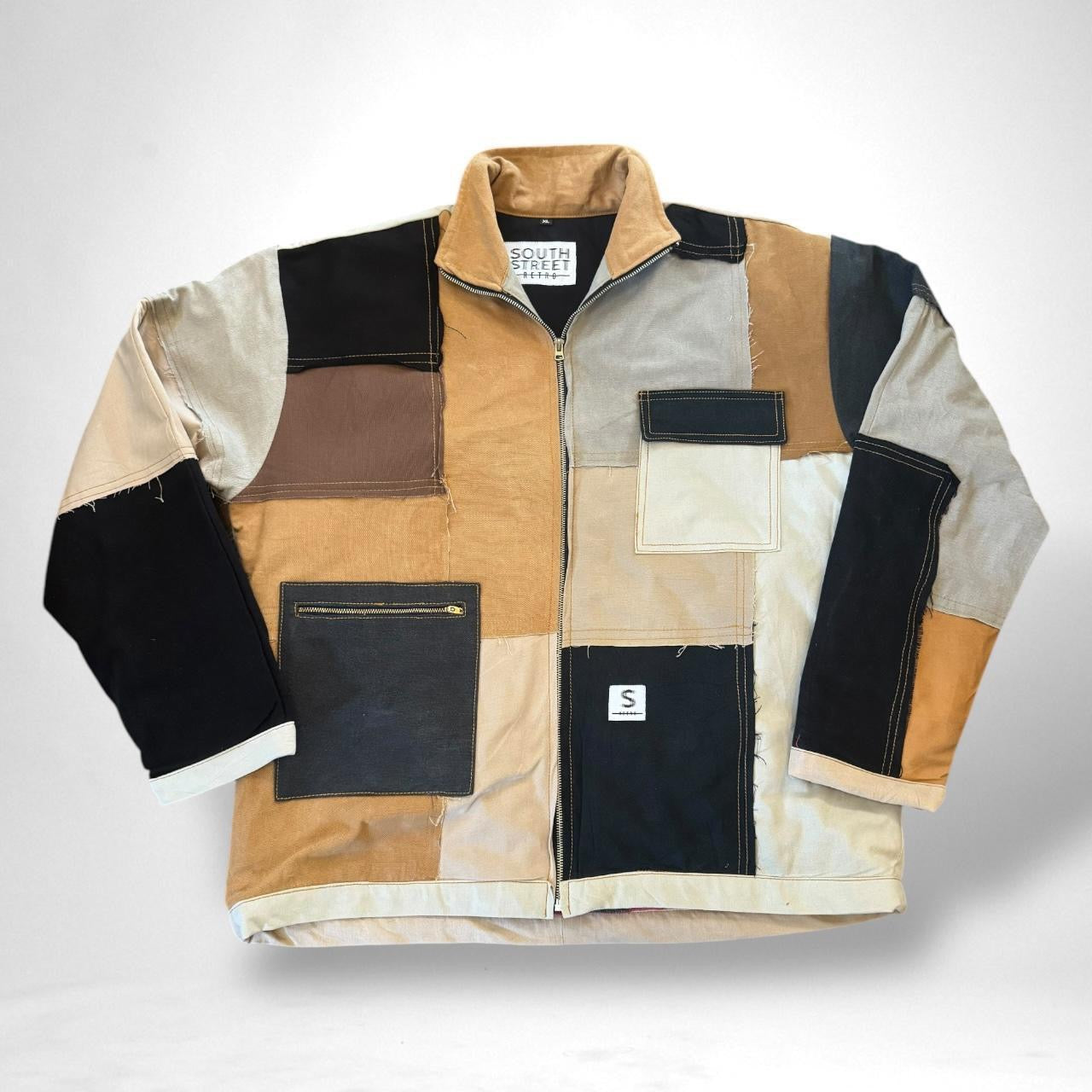 One-of-a-kind reworked patchwork South Street retro jacket with vintage 90s streetwear design and upcycled materials