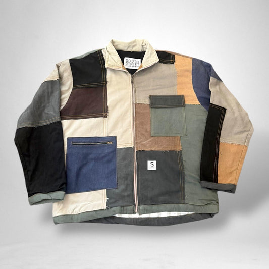 Unique reworked patchwork jacket from South Street Retro featuring vintage 90s style and sustainable upcycled streetwear design